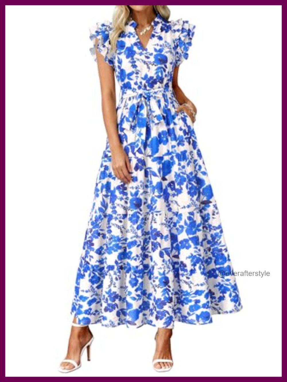Women Summer Floral Ruffle Cap Sleeve Belted Boho Maxi Dress
